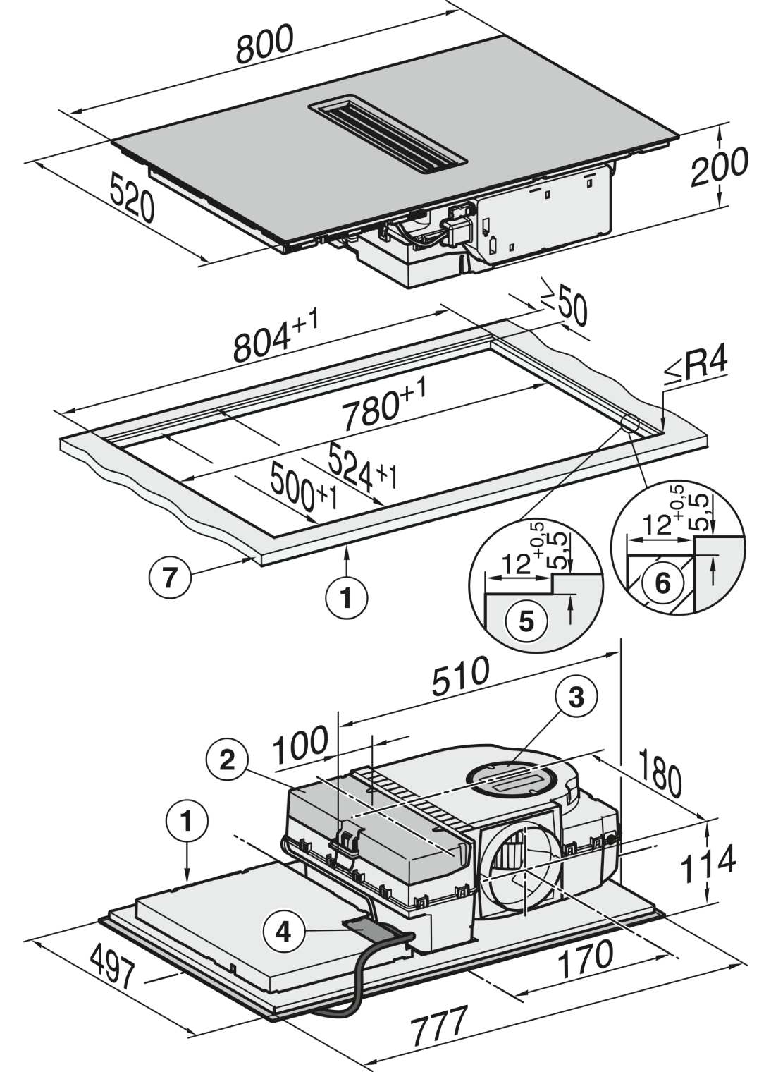 Dibujo técnico de un aparato con etiquetas dimensionales. El aparato se muestra desde arriba y lateralmente.