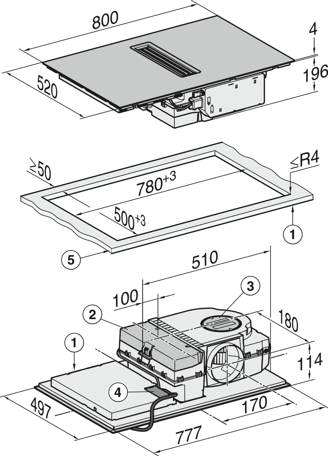 Diagrama con dimensiones y componentes de una campana extractora, con etiquetas y medidas en mm.