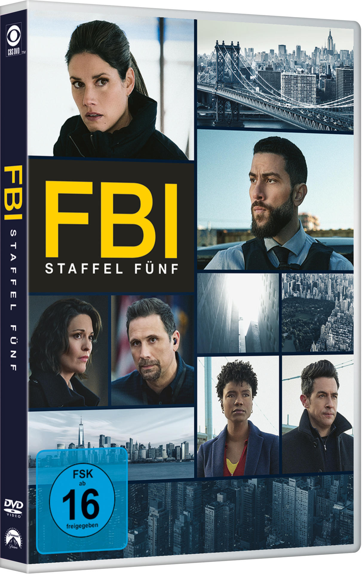DVD-Cover der FBI-Serie. Schauspieler in verschiedenen Szenen, Skyline von NYC.