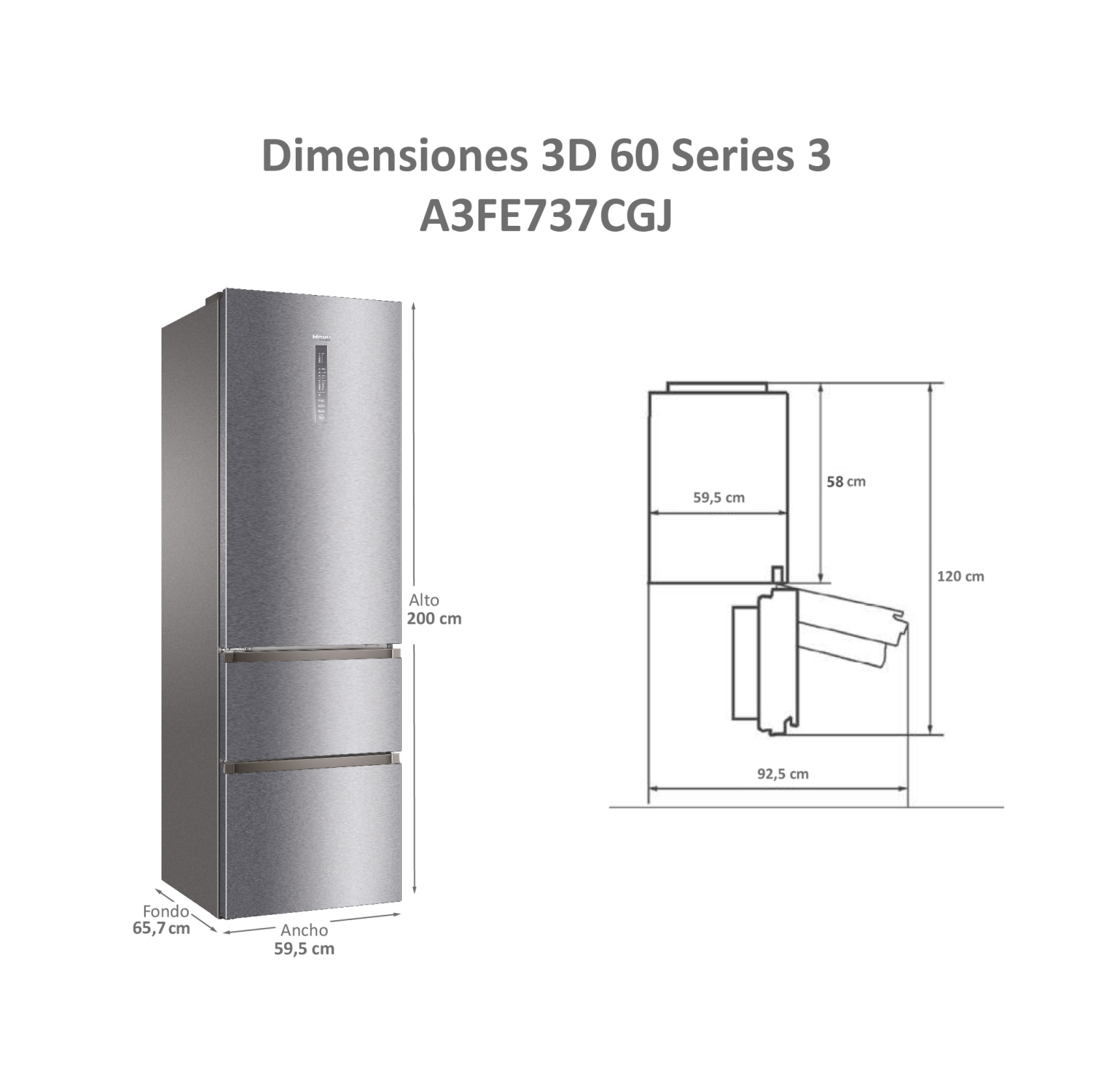 Un esquema de refrigerador que muestra las dimensiones: 200 cm de alto, 59,5 cm de ancho y 65,7 cm de profundidad, en un dibujo técnico.