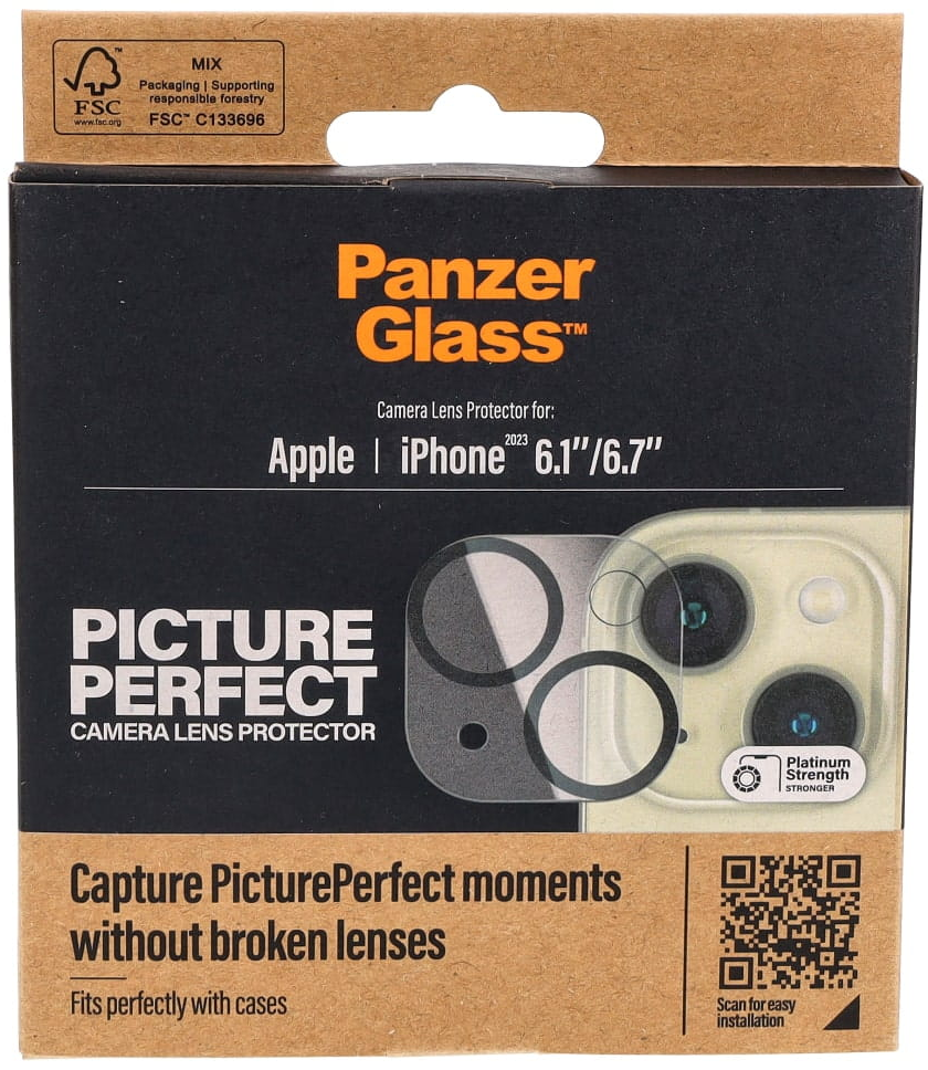 Pudełko ochronne na obiektyw aparatu pokazuje produkt i tekst: 'PanzerGlass' i 'Picture Perfect'.