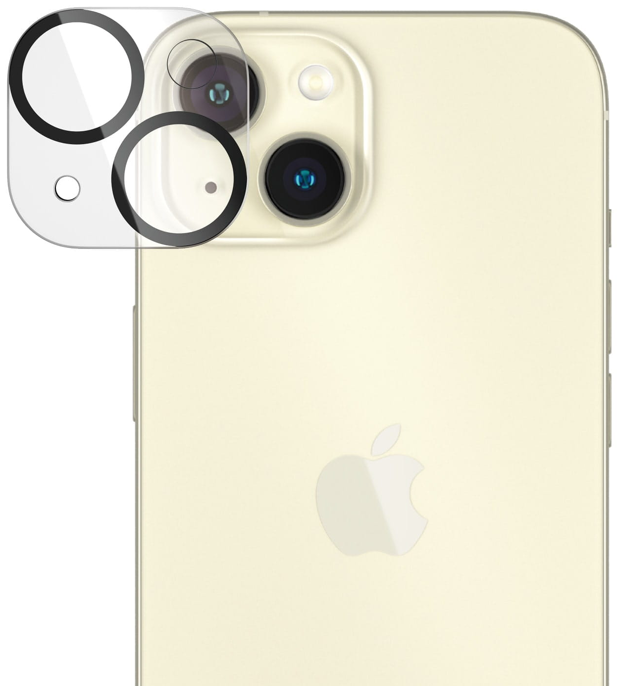 Telefon z ochraniaczem ekranu na obiektywach aparatu. Telefon jest jasnożółty.