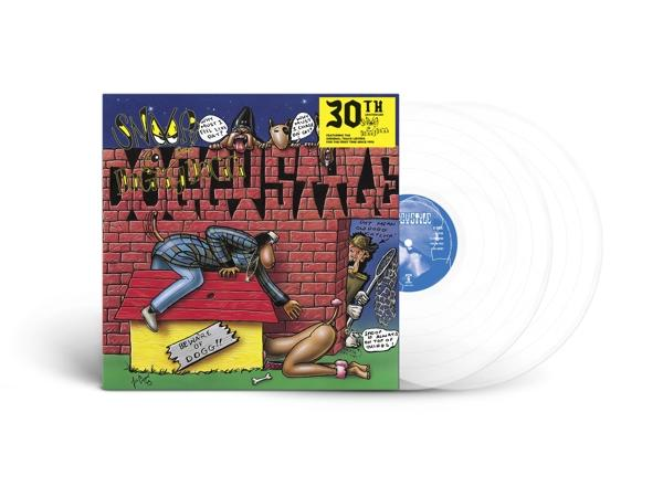 Albumcover für Snoop Doggs Doggystyle. Cartoon von Hund und Backsteinmauer mit Schallplatten.