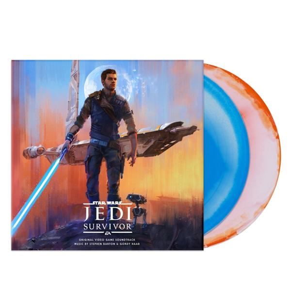 Star Wars Jedi Survivor bakelit album. Férfi fénykarddal. Album borítója kék és narancssárga bakelittel.