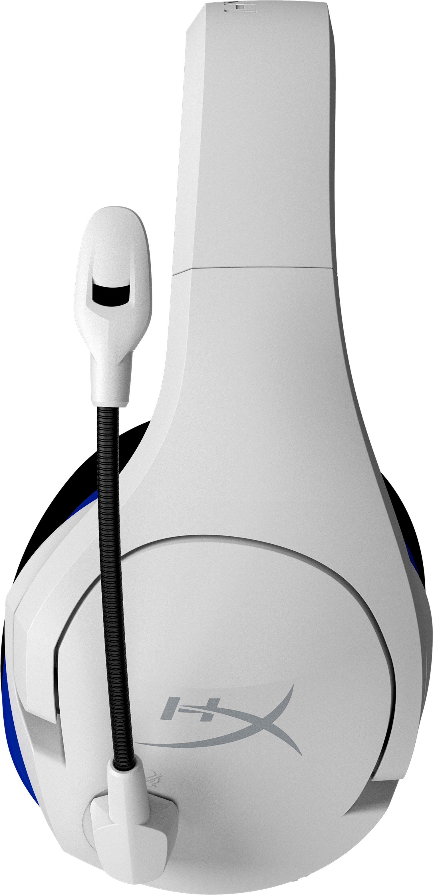 Weißes Gaming-Headset mit Mikrofon. Mit HyperX-Logo und blauen Akzenten.