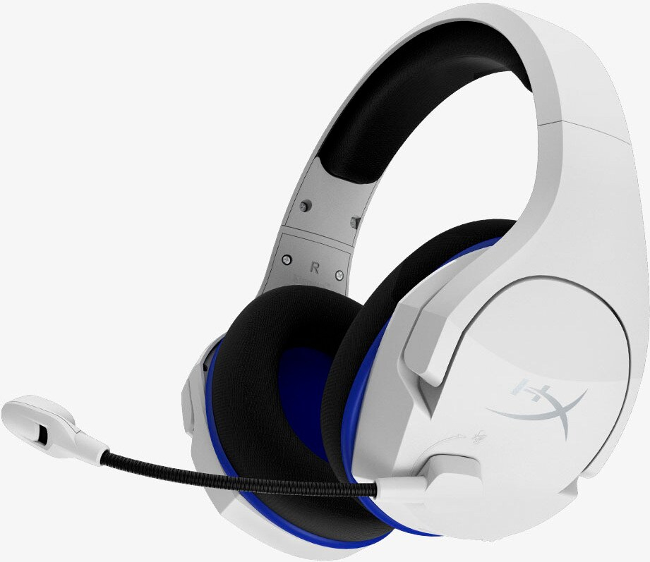 Weißes und blaues Gaming-Headset mit Mikrofon auf weißem Hintergrund.