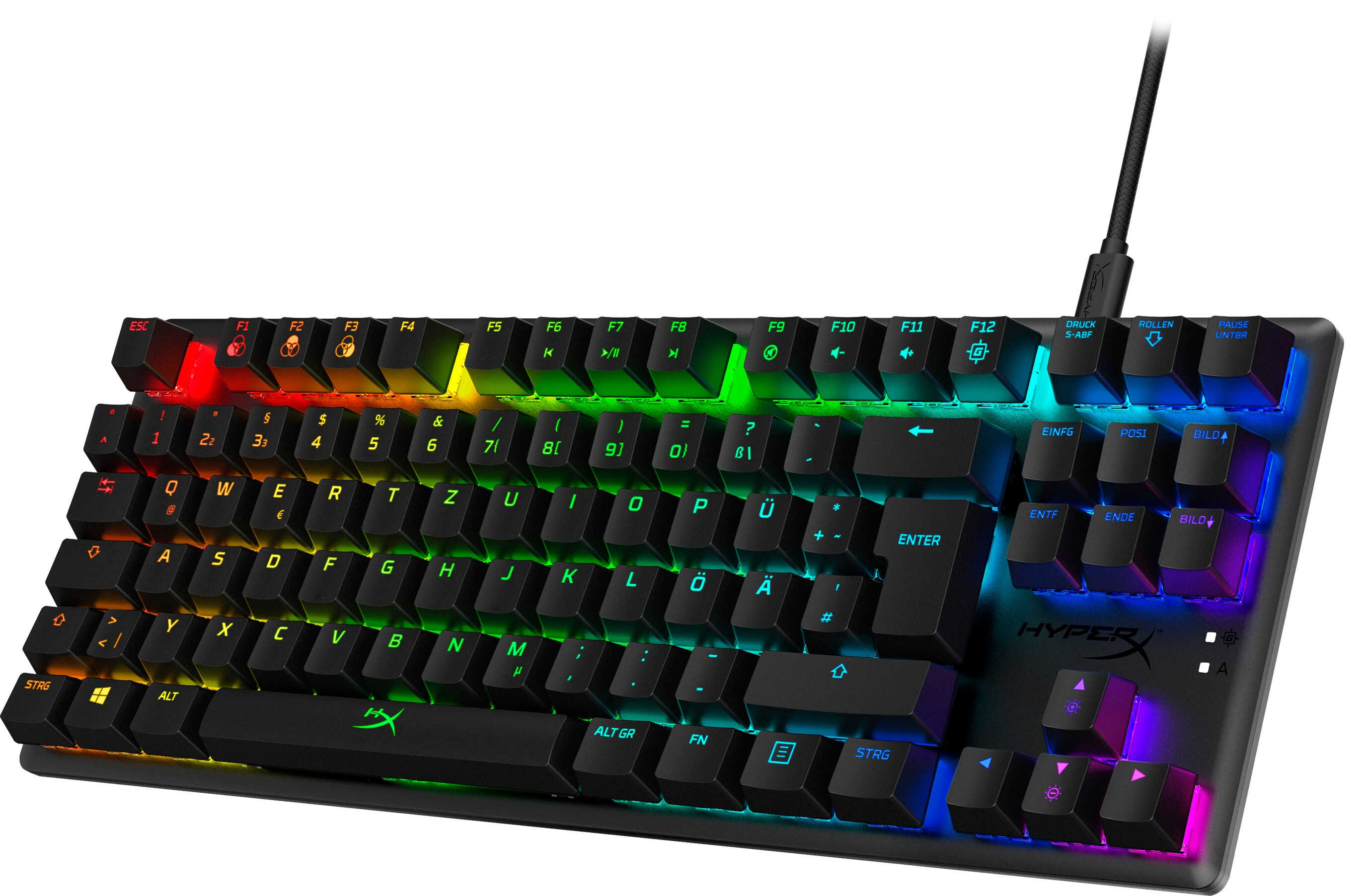 Schwarze HyperX mechanische Tastatur mit farbenfroher RGB-Beleuchtung und verschiedenen Tasten.