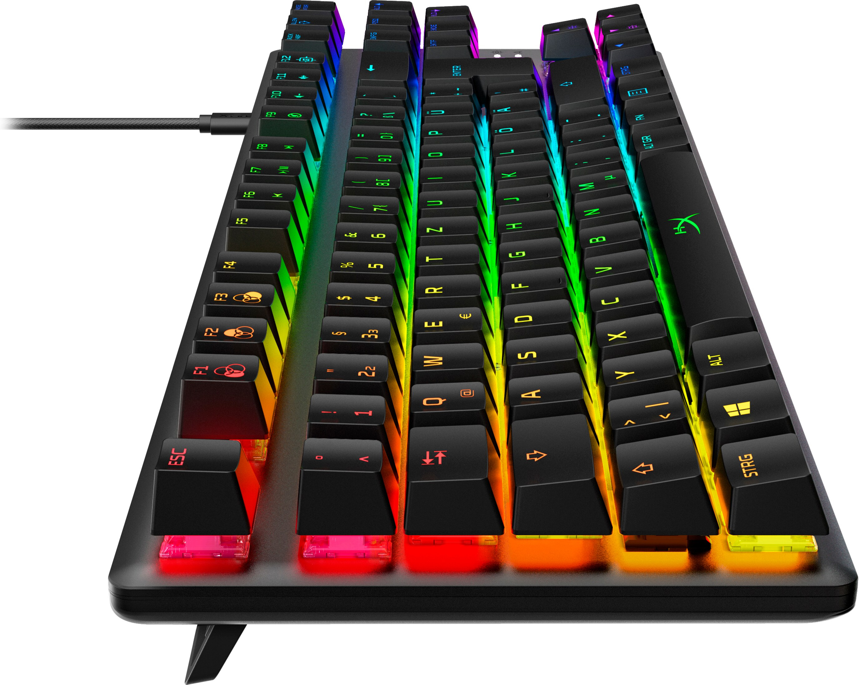 Eine schwarze, beleuchtete Tastatur mit bunten Tasten und einem Kabel.