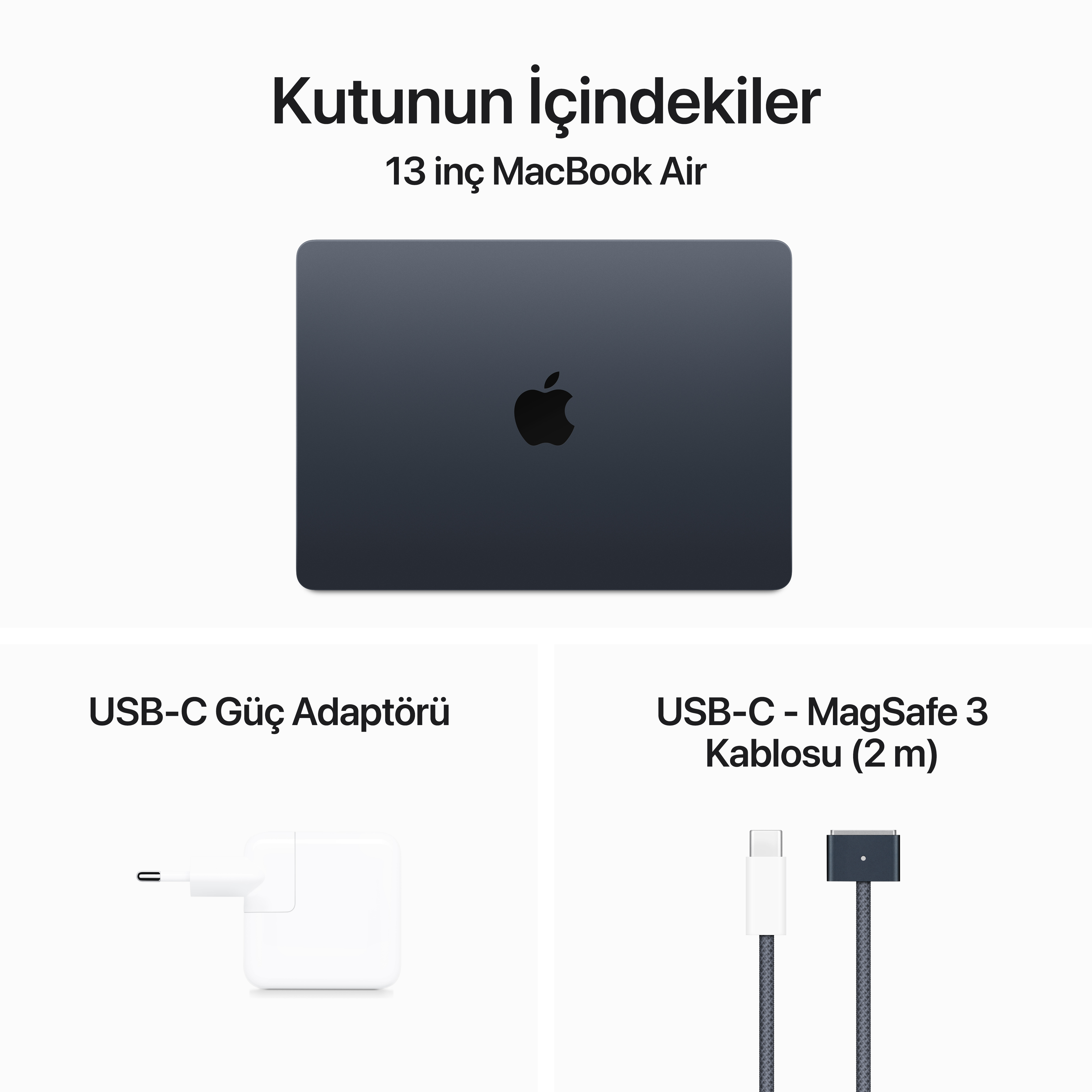 Kutunun içeriği: bir MacBook Air, bir USB-C güç adaptörü ve bir USB-C - MagSafe 3 kablosu.