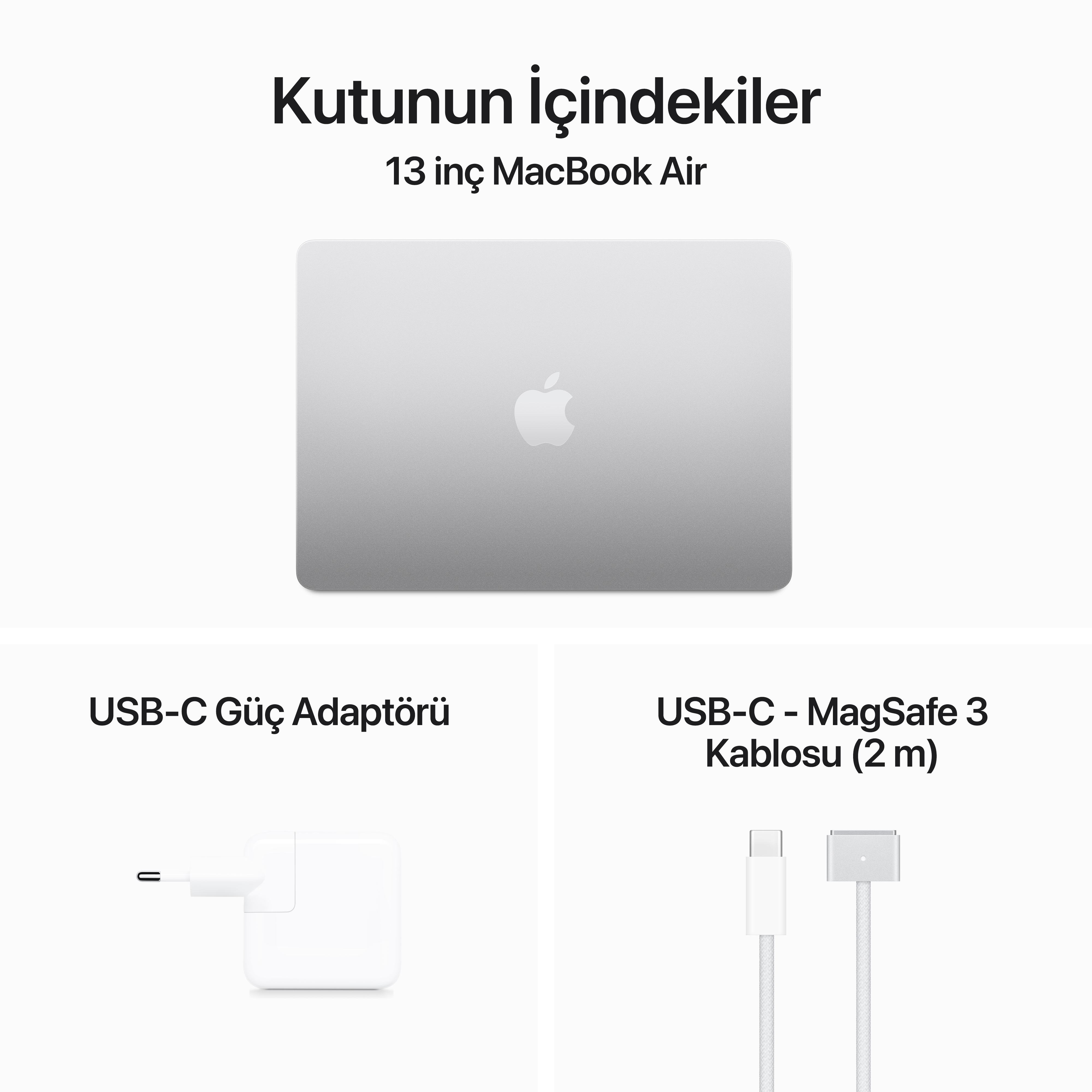13 inç MacBook Air, USB-C güç adaptörü ve USB-C - MagSafe 3 kablosu ile beyaz bir arka plan.