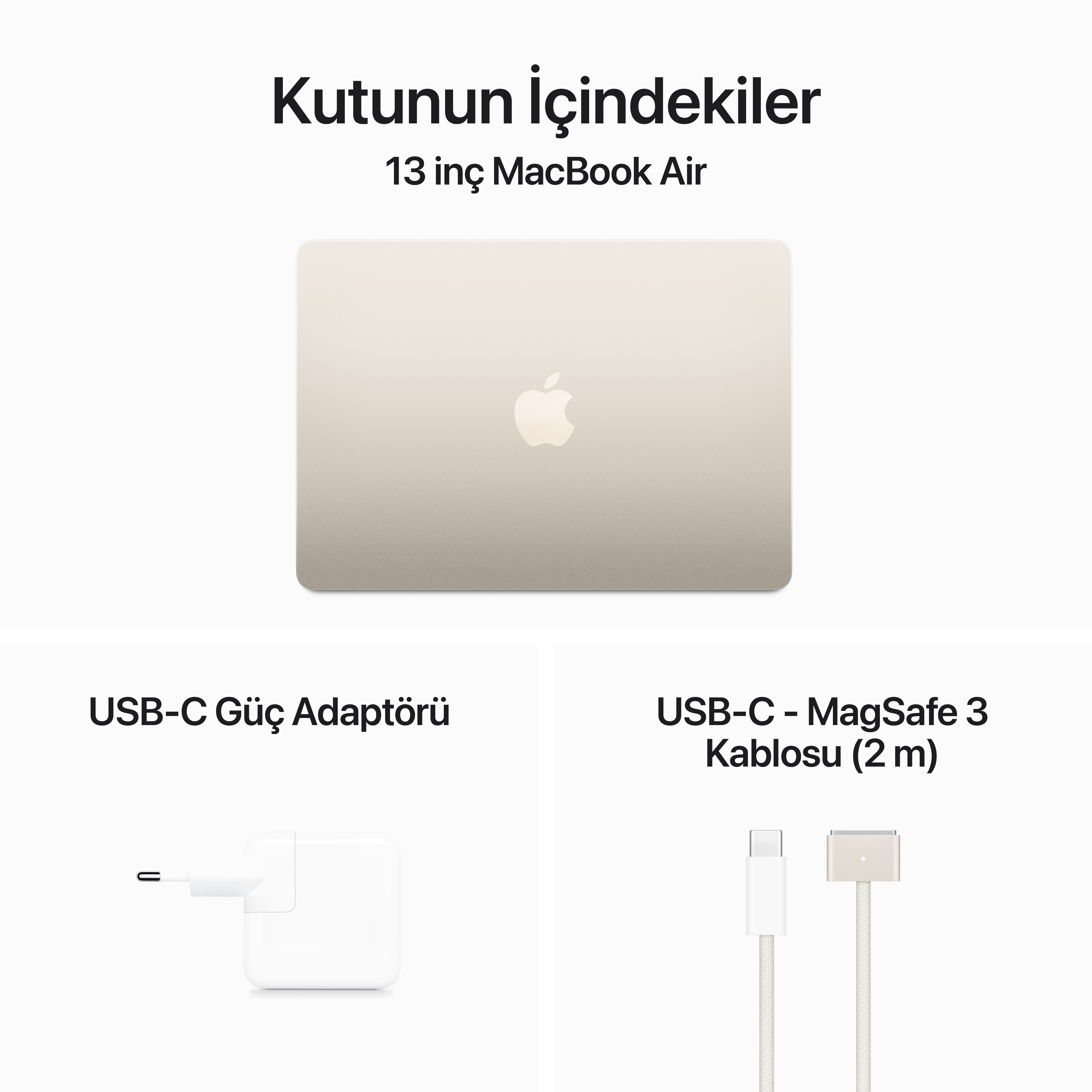 Açık bej dizüstü bilgisayar. USB-C adaptörü ve kablosu. Metin: Kutunun içeriği.