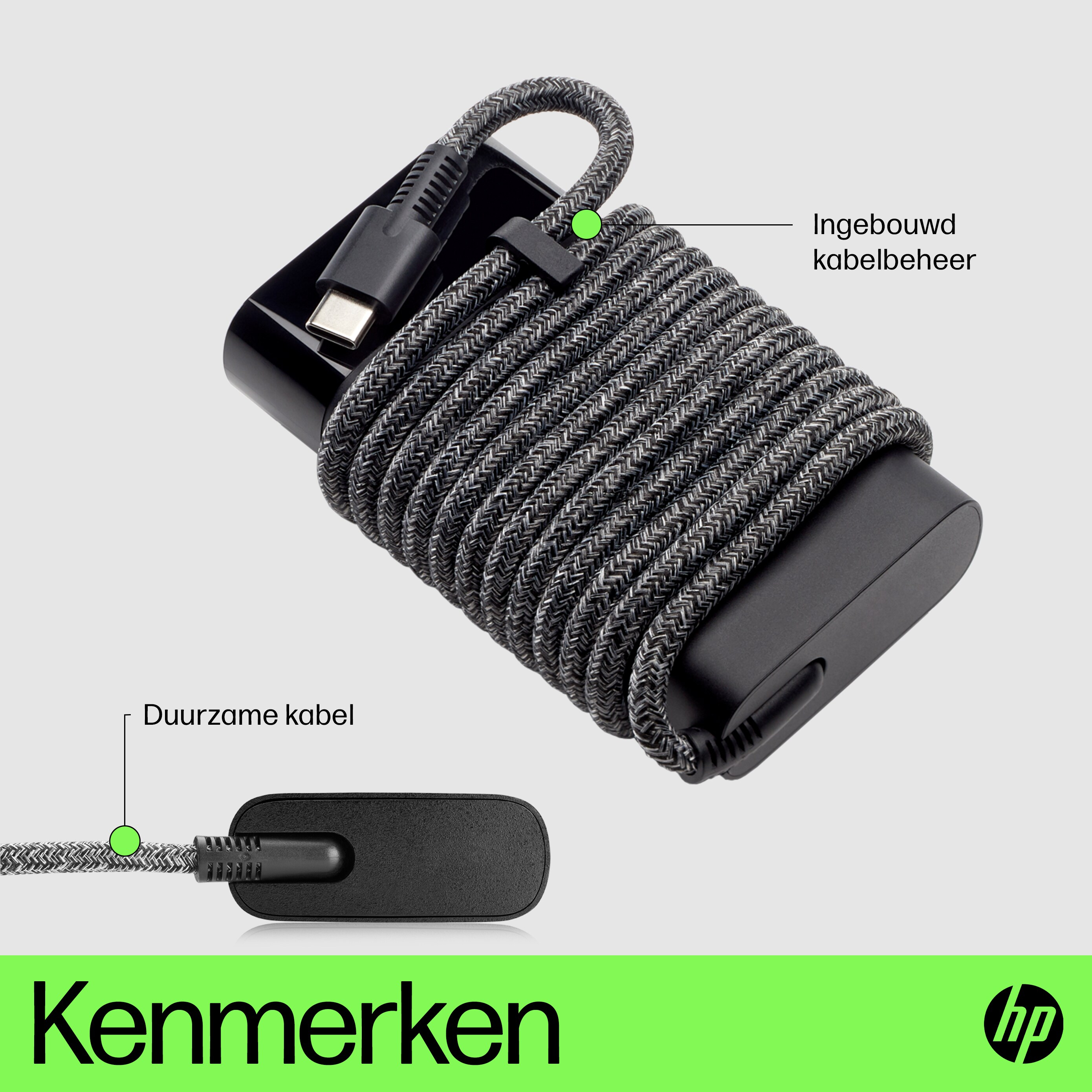 A black power bank with a cable, text: Kenmerken, hp.