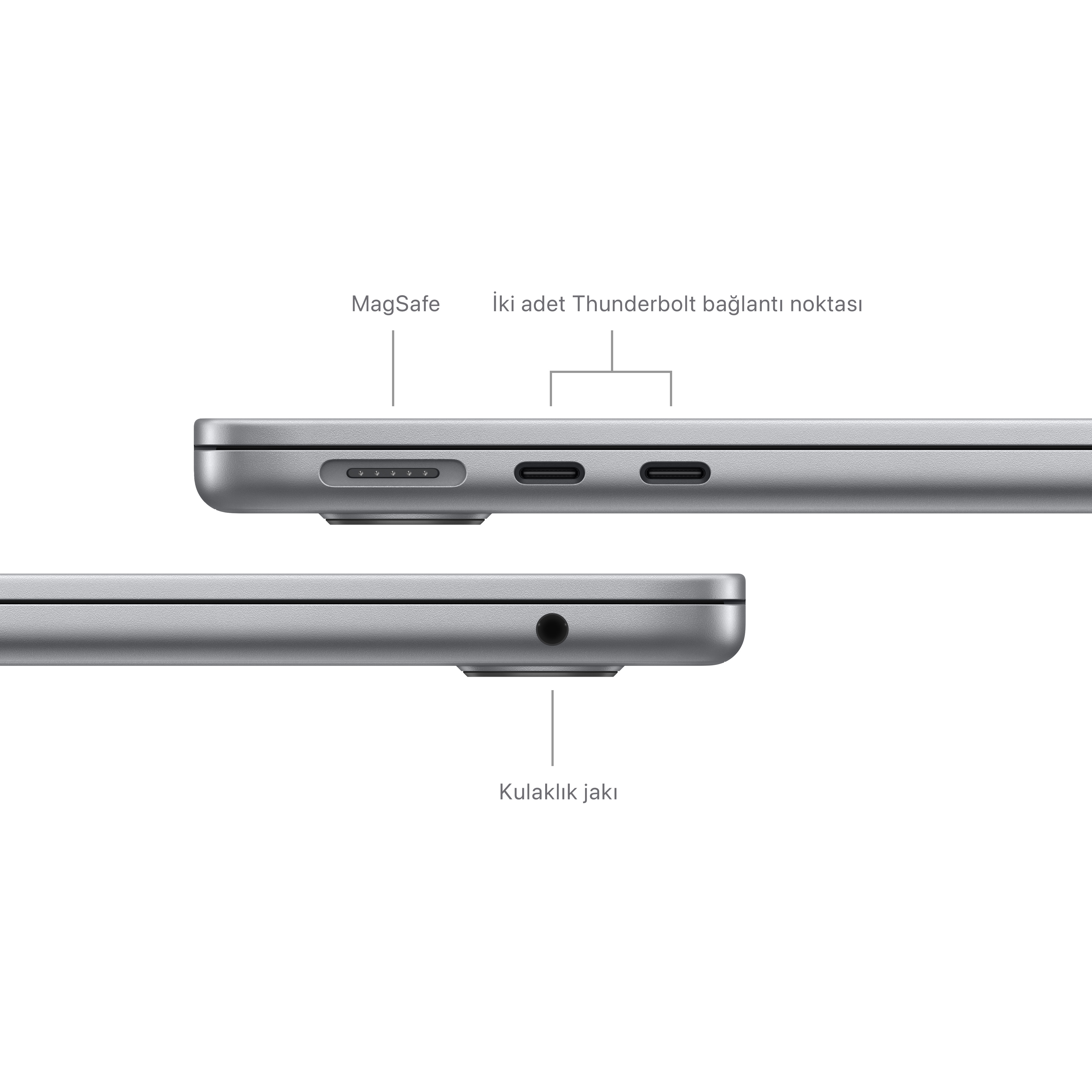 MagSafe, Thunderbolt bağlantı noktaları ve bir kulaklık jakı gösteren bir dizüstü bilgisayarın yakın çekim görünümü.