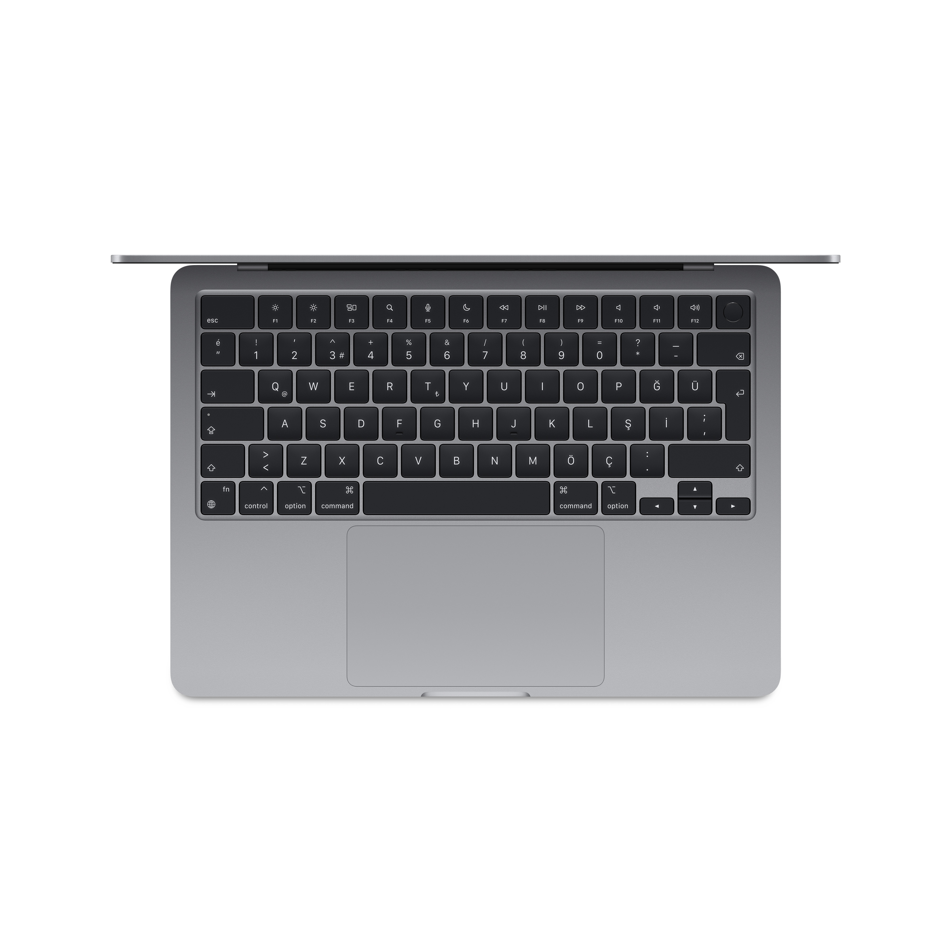 Gri bir MacBook Air dizüstü bilgisayarın klavyeli yukarıdan görünümü.