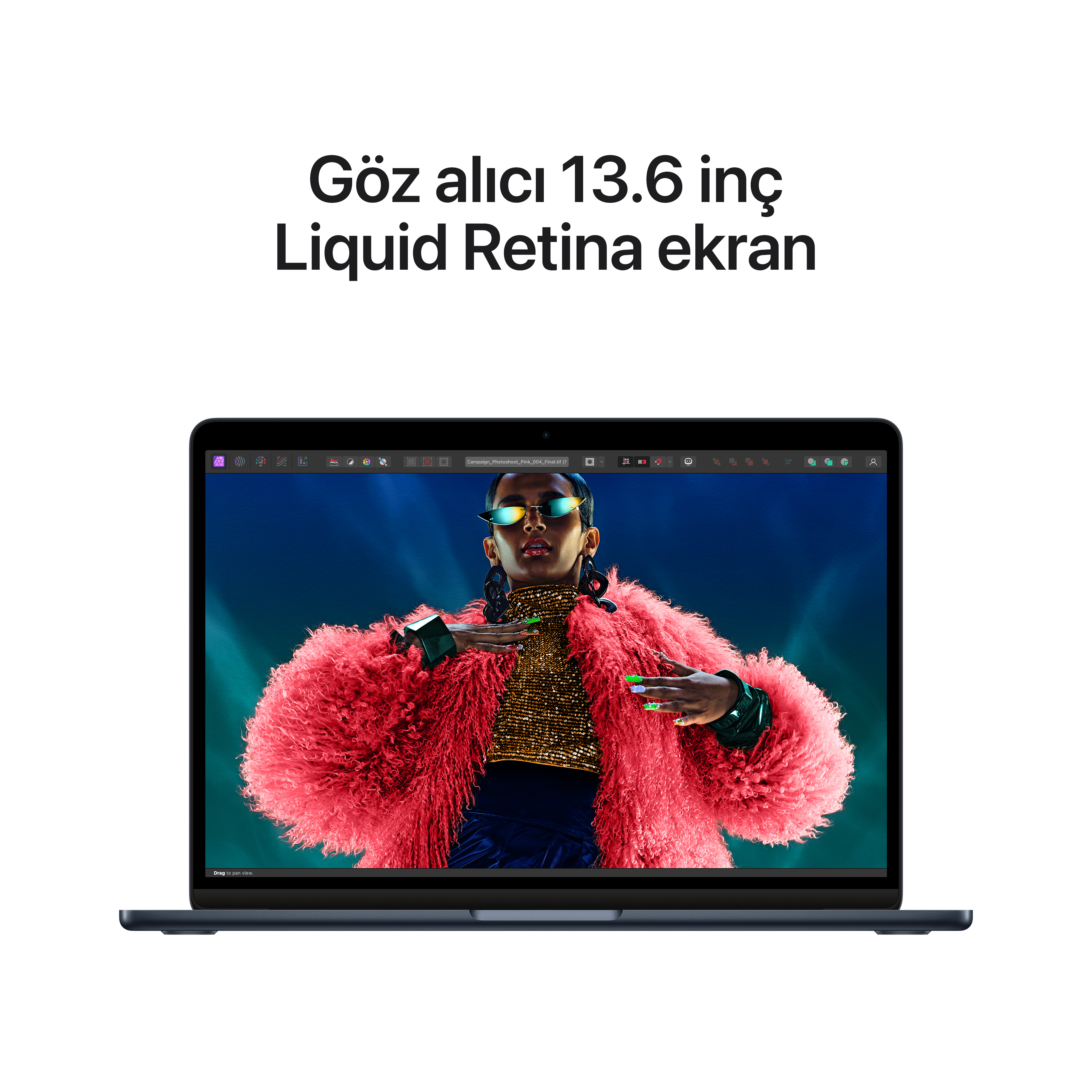 Ekranda bir kişi, pembe ceket ve siyah çerçeveli dizüstü bilgisayar. Üstte metin: Göz alıcı 13.6 inç Liquid Retina ekran.