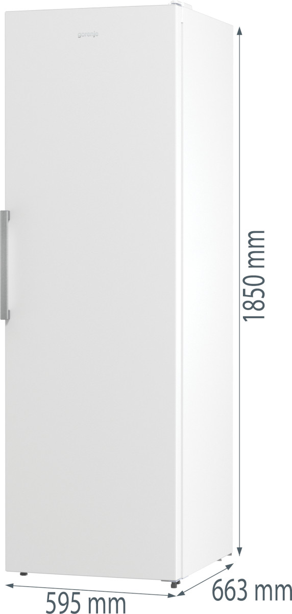 Biała lodówka Gorenje. Wymiary: 1850 mm wysokości, 595 mm szerokości, 663 mm głębokości.