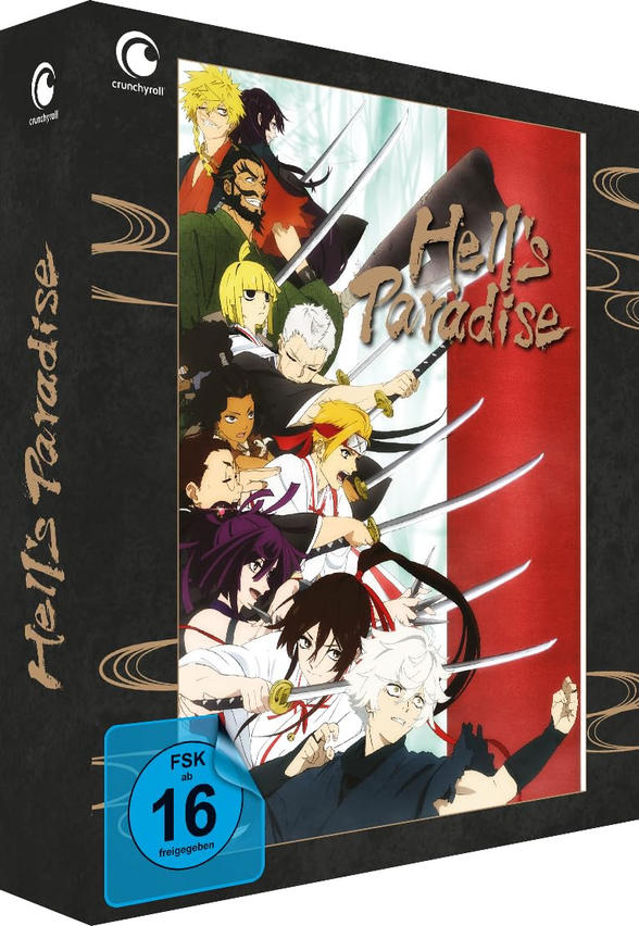 Eine Hell's Paradise Anime-DVD-Box mit mehreren Charakteren aus dem Anime.