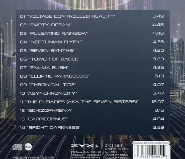 Trackliste mit Songtiteln und Laufzeiten auf dunklem Hintergrund mit Stadtsilhouette.