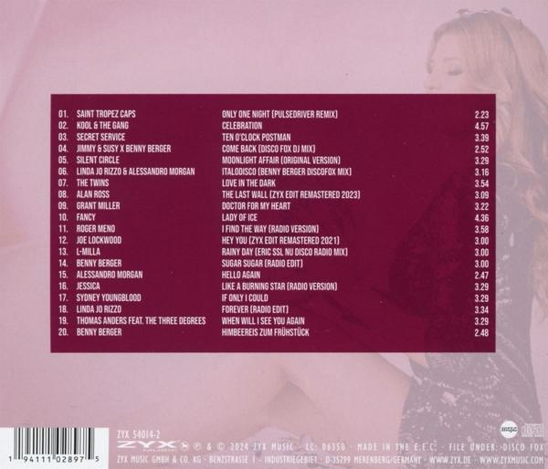 Ein Musikalbumcover mit einer Liste von Songs und Künstlern. Das Cover ist dunkelrosa mit einem Seitenprofil einer Person.
