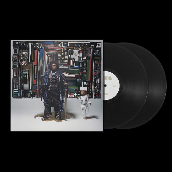 Albumcover mit einem Mann und Kind auf weißem Hintergrund. Zwei schwarze Schallplatten rechts.