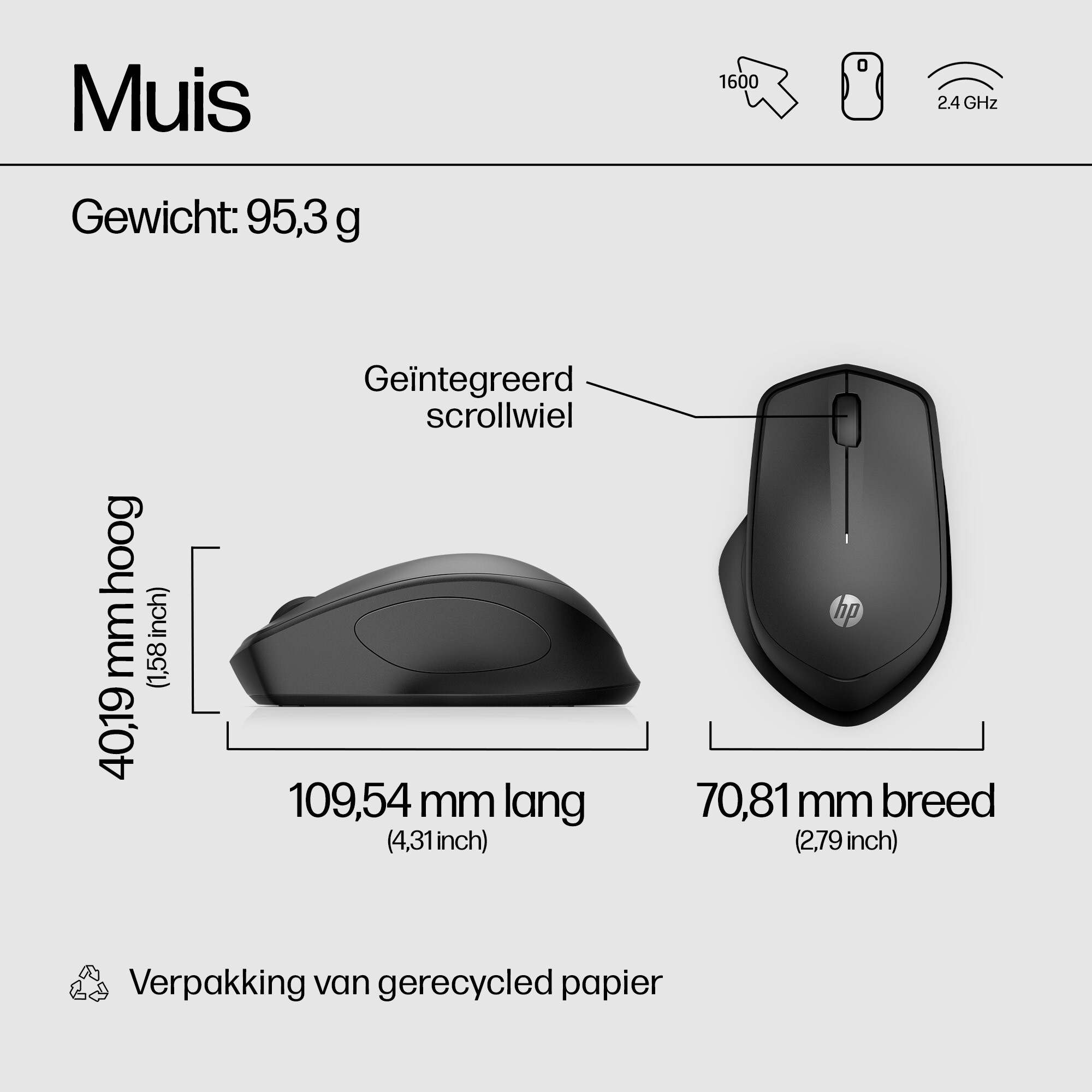 A black computer mouse with dimensions and packaging details.