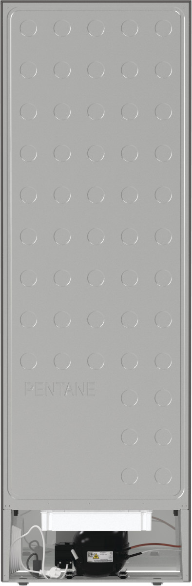 Tył lodówki. Ma szarą obudowę z czarną sprężarką na dole.