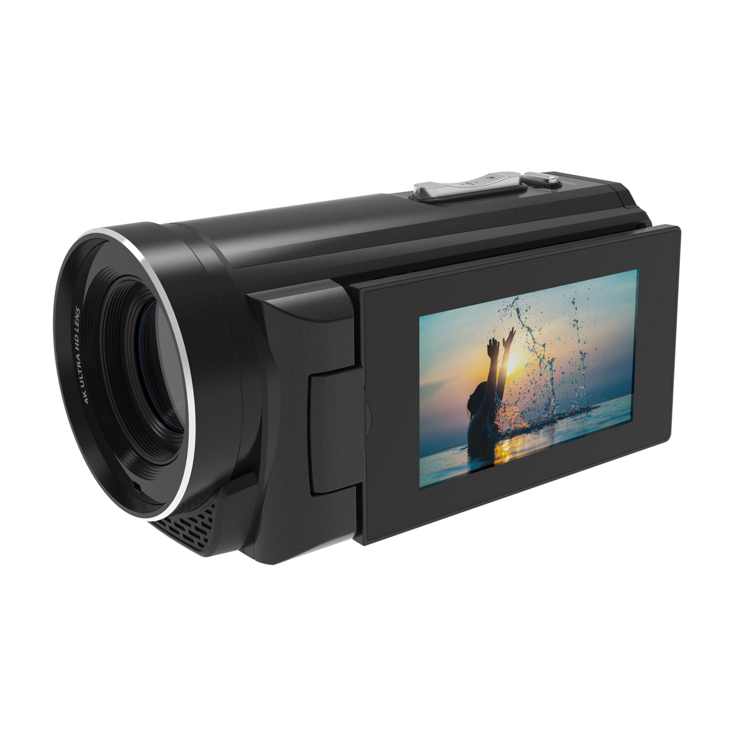 Una videocamera nera con uno schermo che mostra una persona vicino all'acqua.