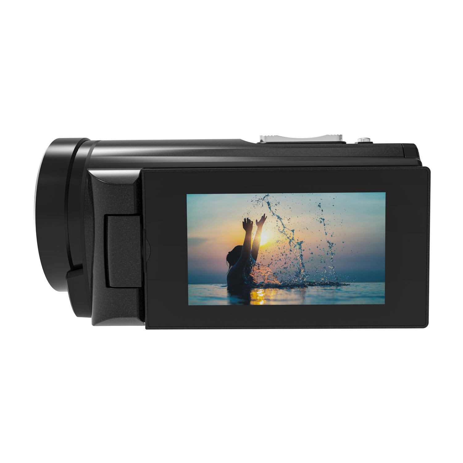 Videocamera nera che mostra una persona in acqua, con spruzzi d'acqua.