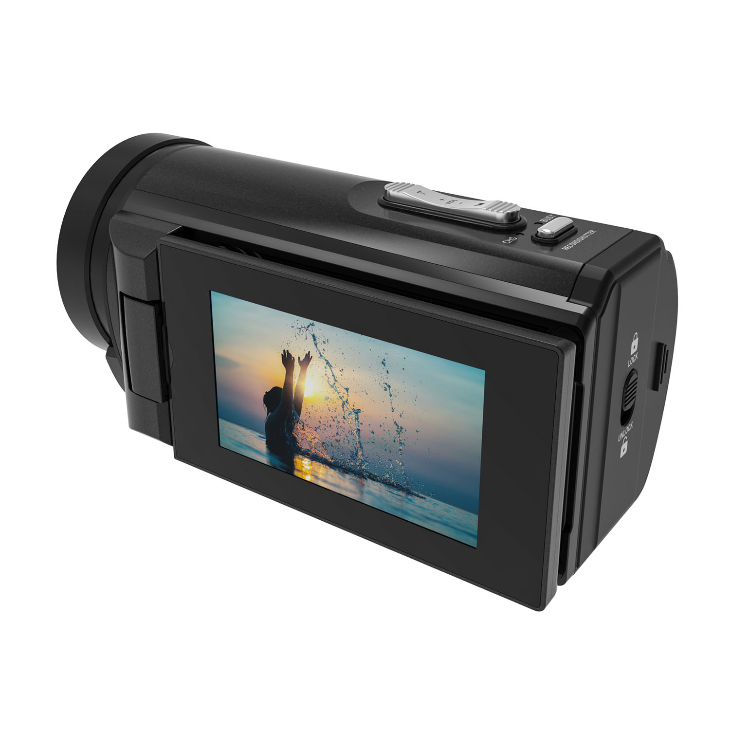 Videocamera nera con schermo che mostra una persona in acqua. Pulsanti laterali. Lente a sinistra.