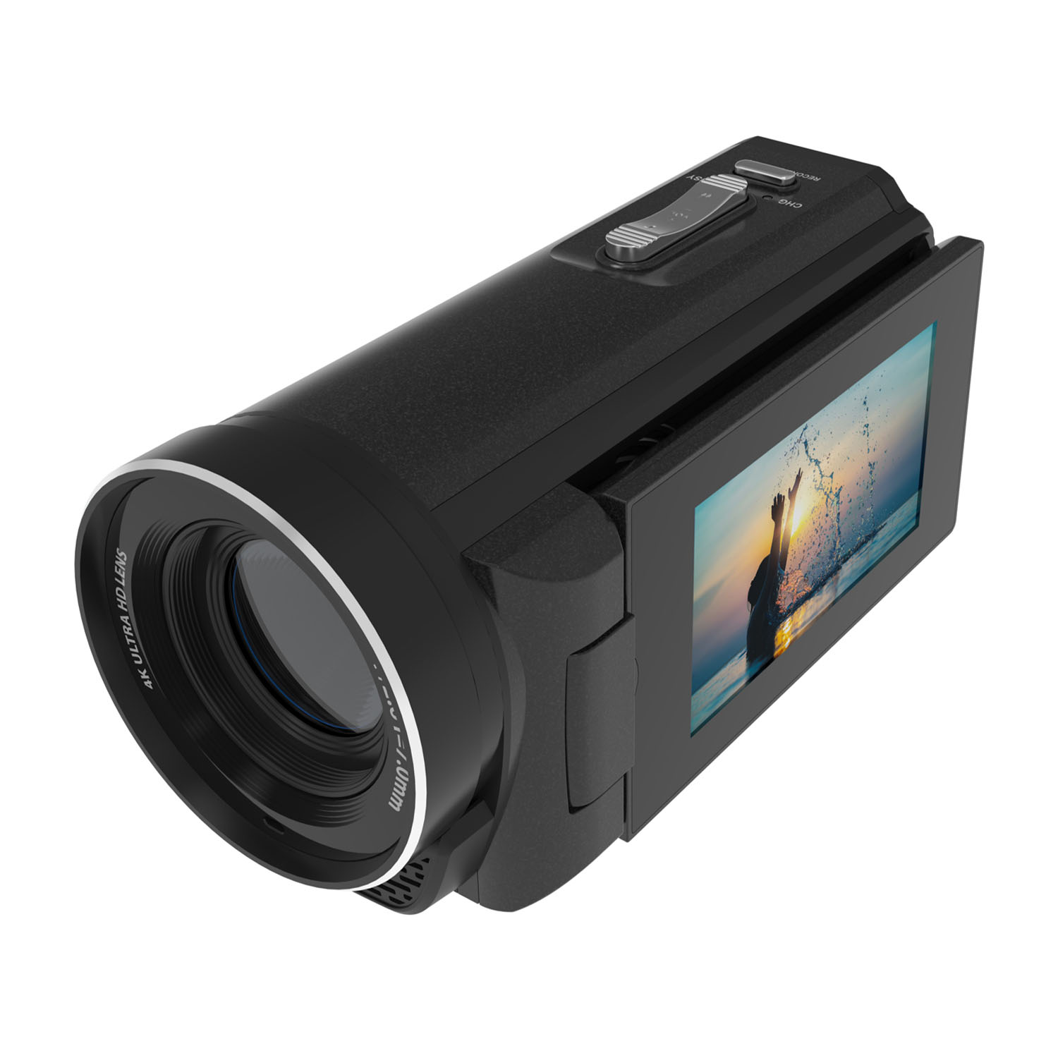 Una videocamera nera con un obiettivo e uno schermo che mostra un tramonto.