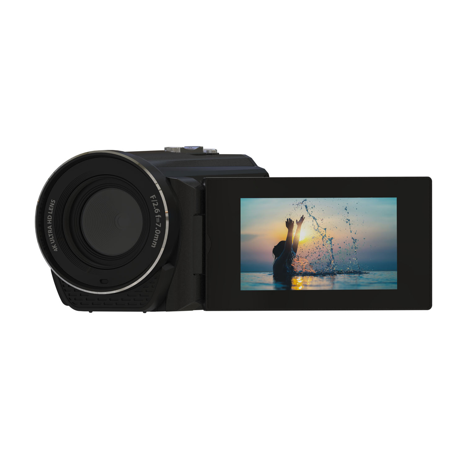 Videocamera nera con uno schermo che mostra una persona in acqua con il sole.