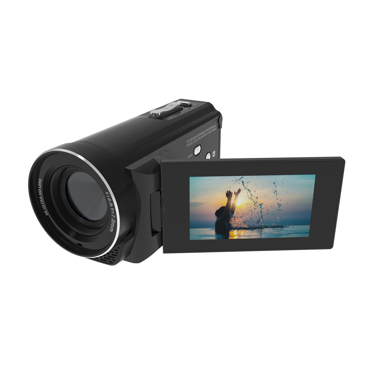 Videocamera nera con schermo che mostra una persona in acqua.