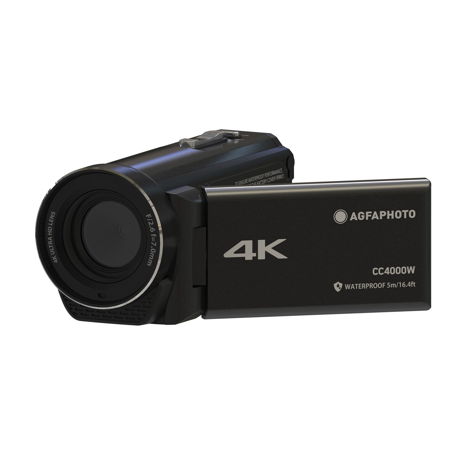 Una videocamera AgfaPhoto 4k nera con schermo aperto, angolato verso destra e con il logo del marchio visibile.
