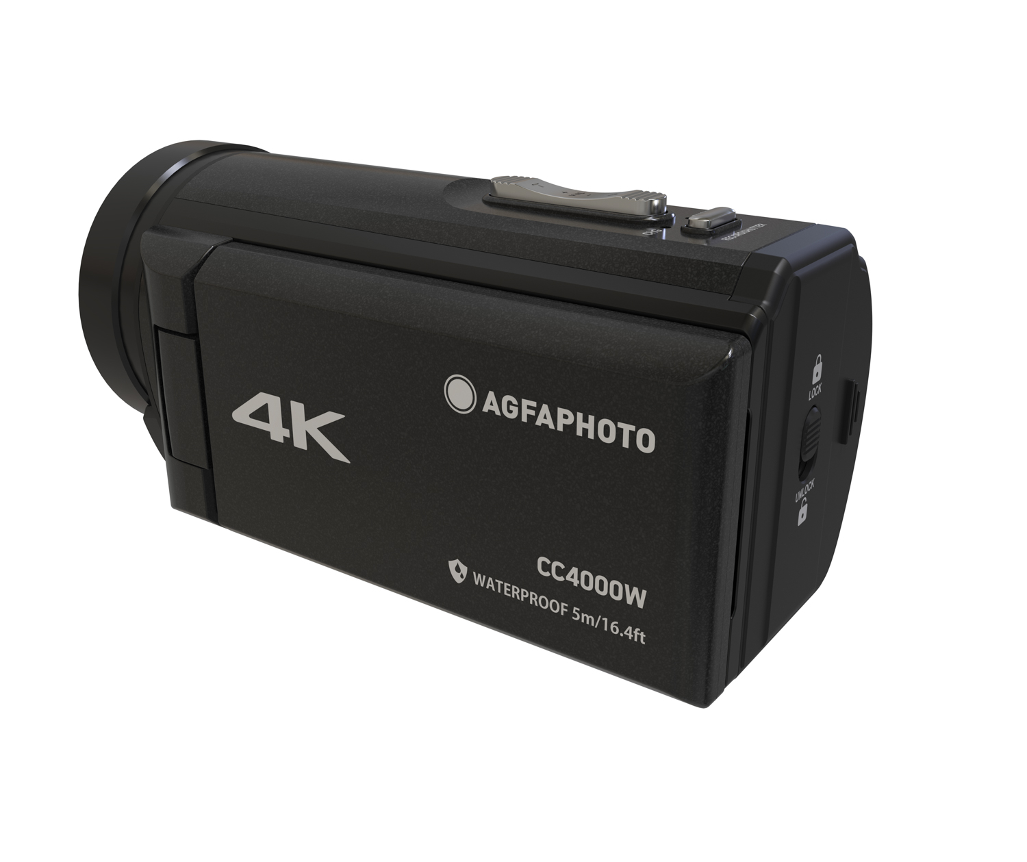 Fotocamera AGFA nera con scritto 4K. È impermeabile e nera.