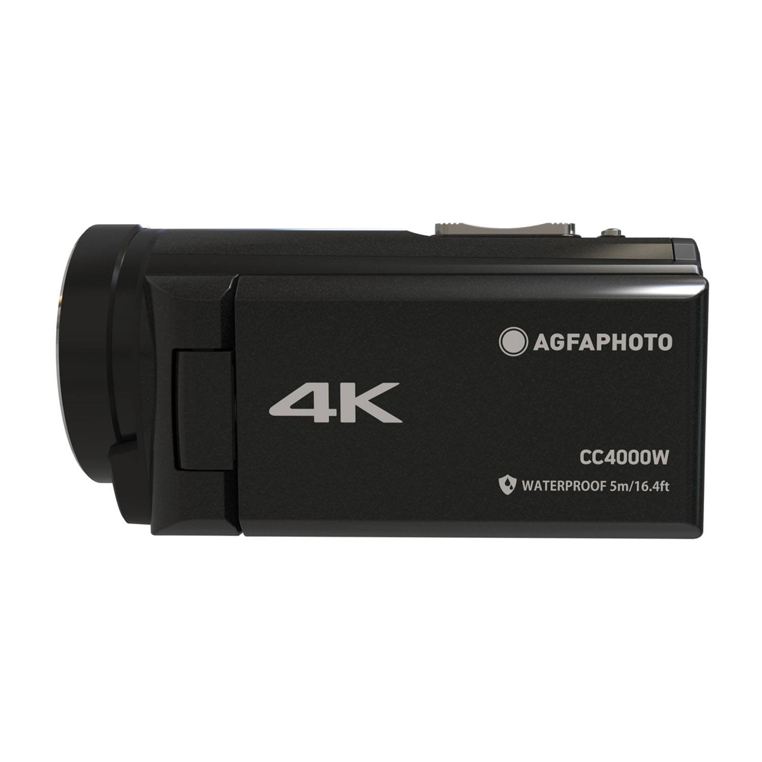Una videocamera AgfaPhoto 4K nera, con testo, su sfondo bianco. È impermeabile.