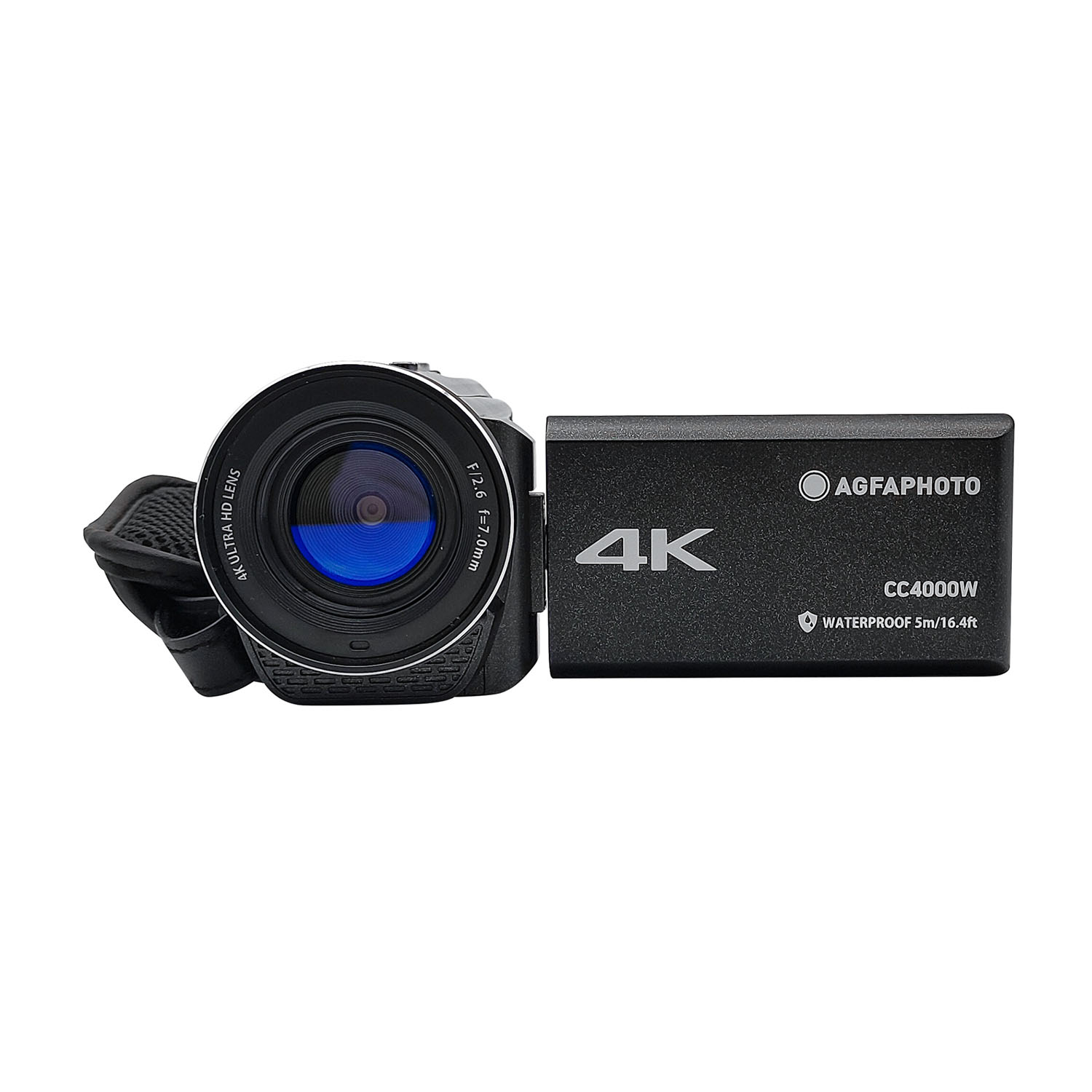 Videocamera AgfaPhoto 4K nera. Presenta un obiettivo, testo 4K ed etichetta impermeabile.
