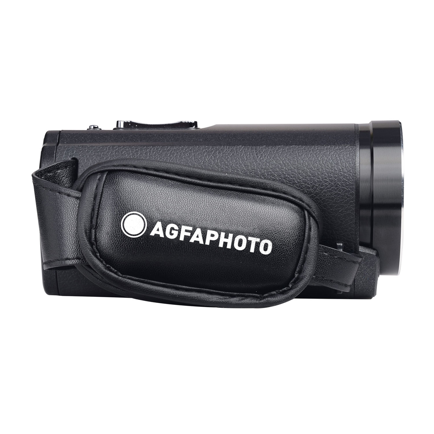 Videocamera AgfaPhoto nera con cinturino. AgfaPhoto è scritto in lettere bianche sul cinturino.