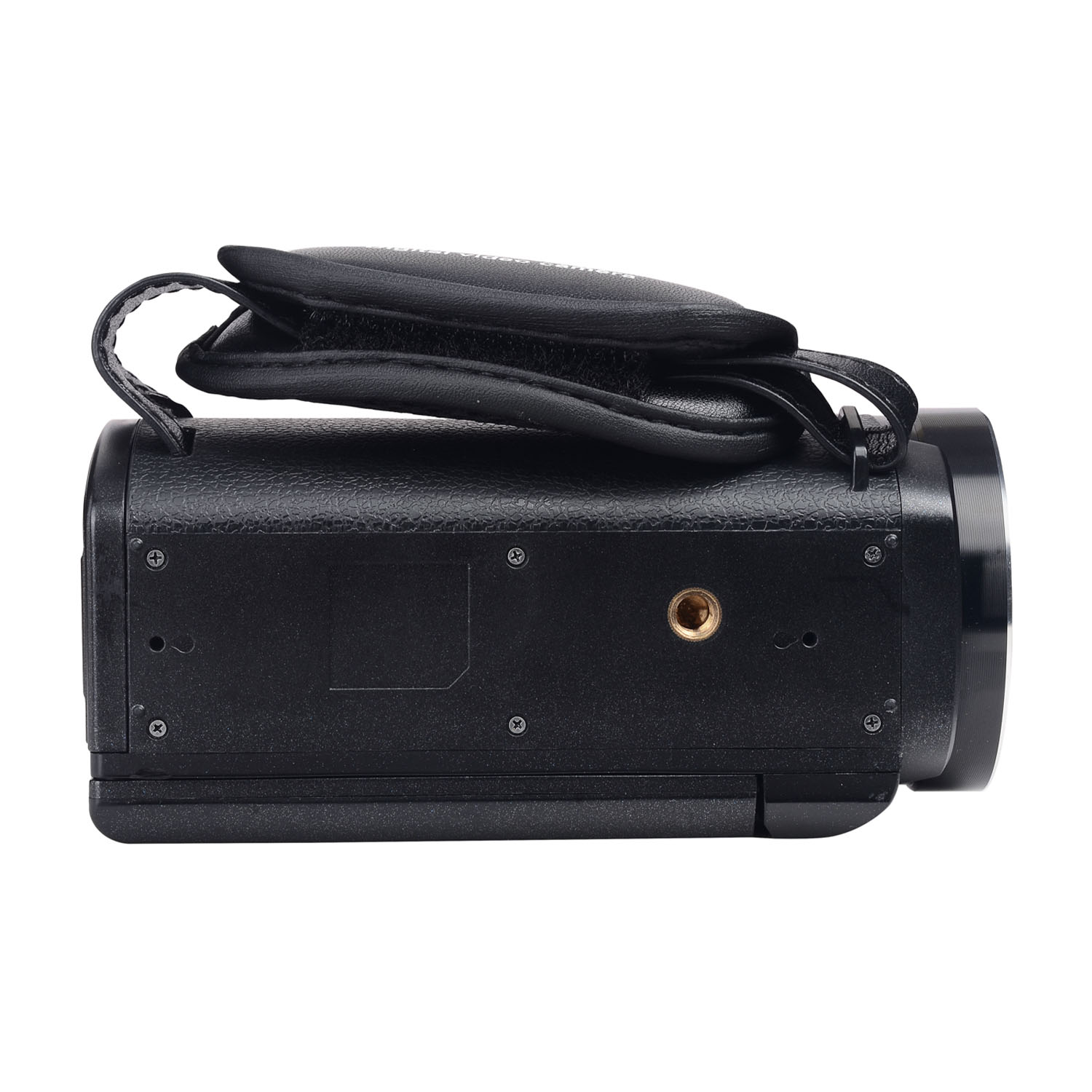 Videocamera nera. Ha una cinghia per la mano e un obiettivo. Il corpo della fotocamera ha viti e una porta laterale.