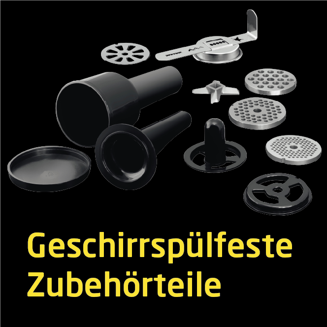 Verschiedene spülmaschinenfeste Fleischwolfteile auf schwarzem Hintergrund mit Text.