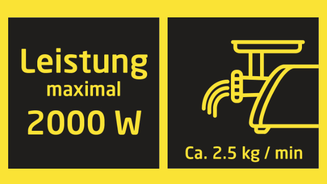 Ein schwarz-gelbes Schild mit Text und einem Fleischwolf-Symbol.