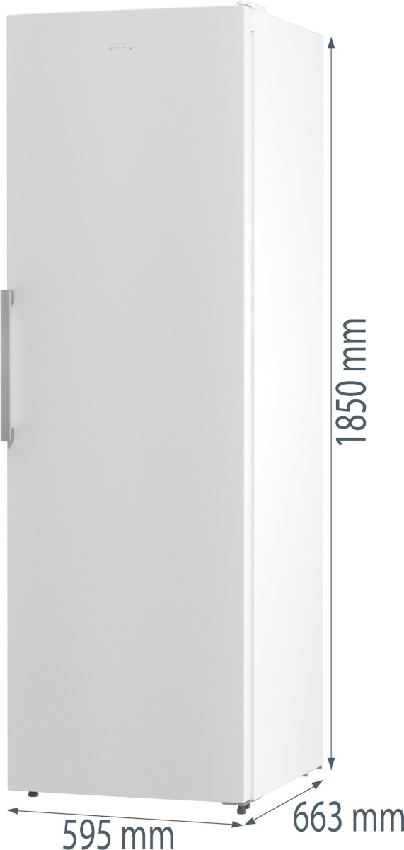 Biała lodówka o wymiarach 1850 mm wysokości, 595 mm szerokości i 663 mm głębokości.