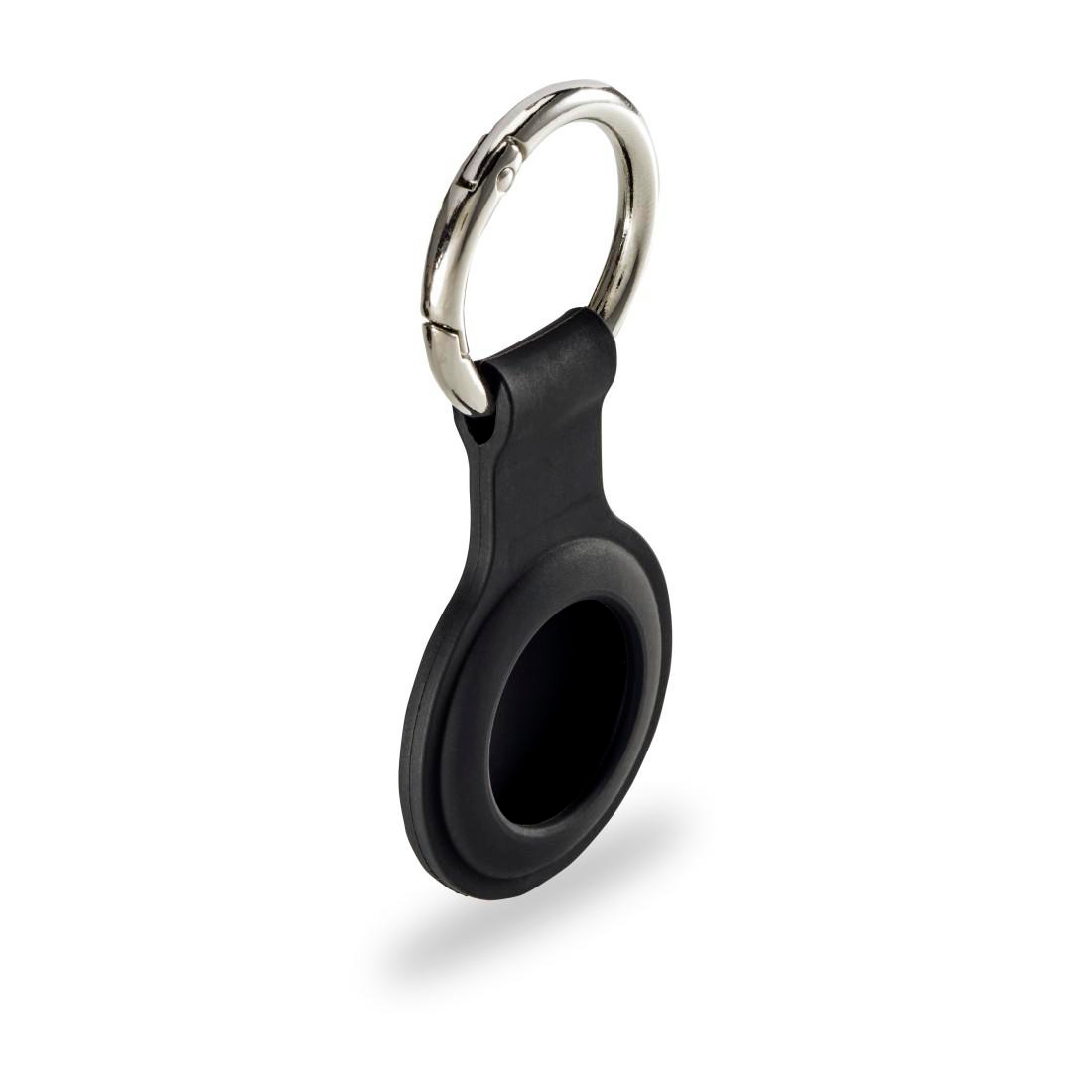 Schwarzer ovaler AirTag-Halter mit silbernem Karabinerhaken, isoliert auf weißem Hintergrund.