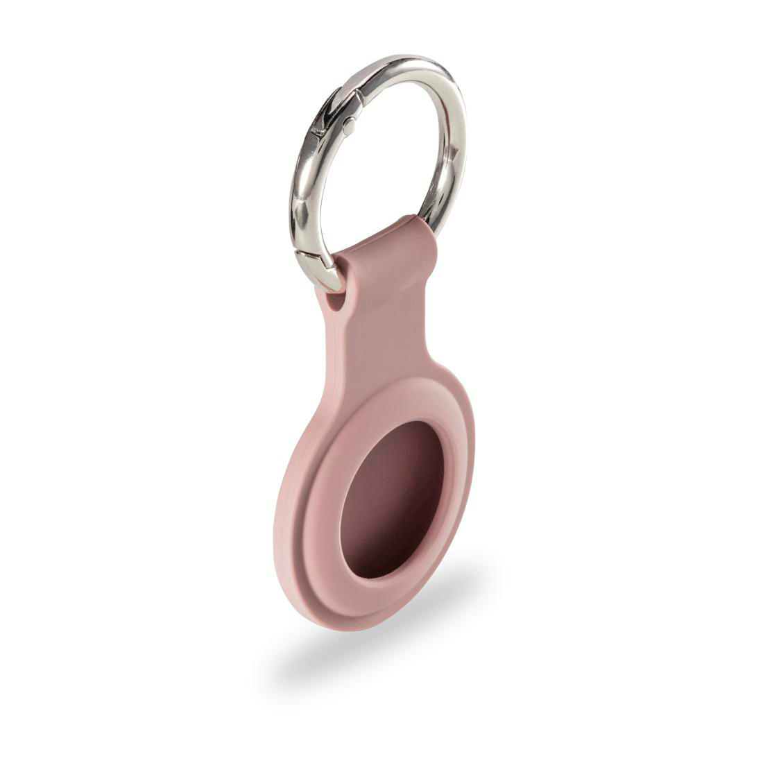 Rosa AirTag-Halterung mit Silberring, isoliert auf weißem Hintergrund, schräge Ansicht.