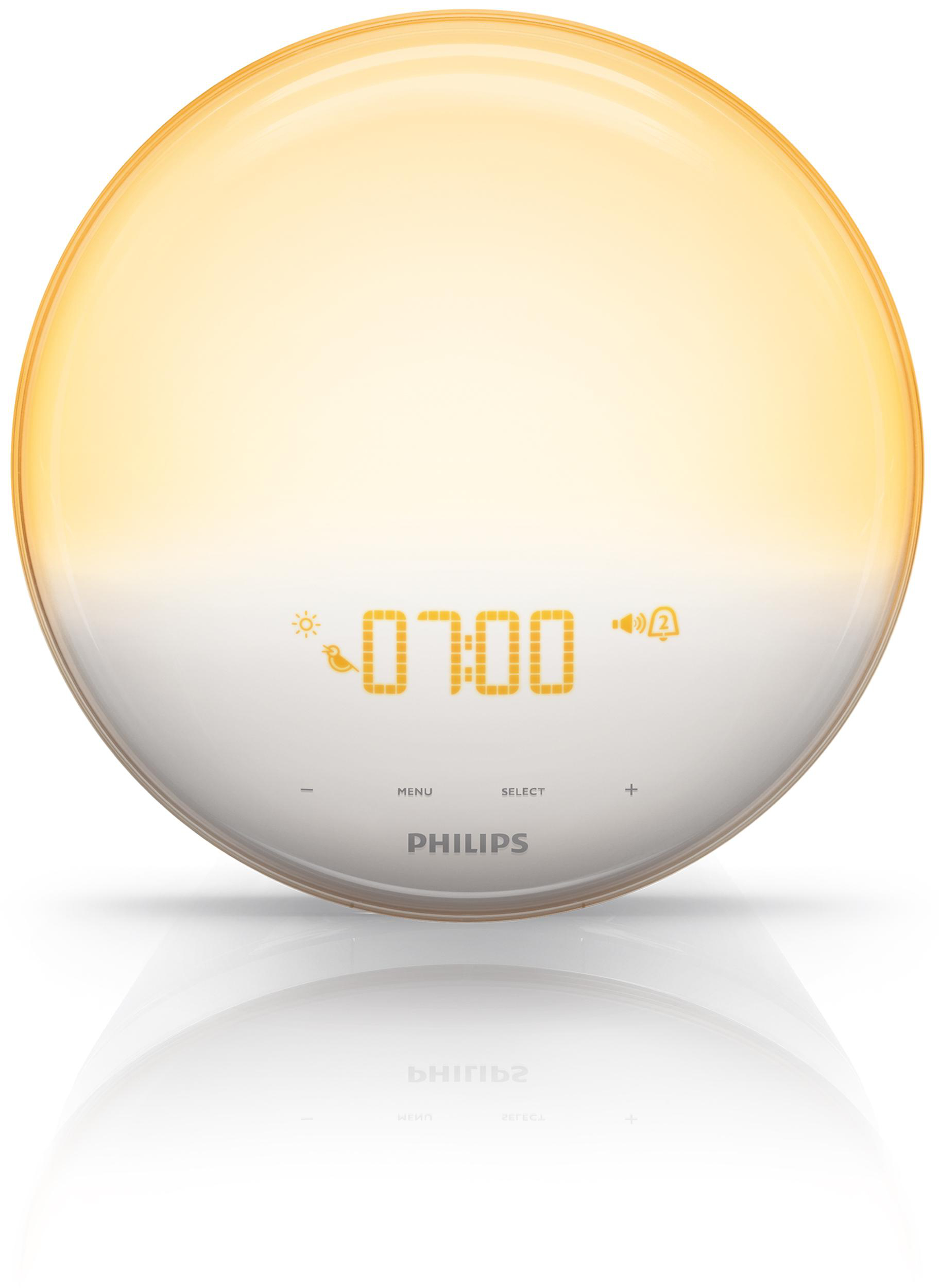 Weiß-gelbes Philips Wake-up Light, zeigt Zeit und Wecker.