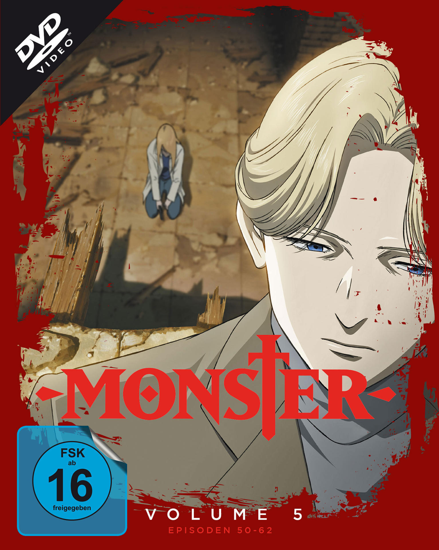 Monster DVD-Cover. Blonder Mann mit blauen Augen im Fokus. Ein Mädchen kniet im Hintergrund. Roter Text.
