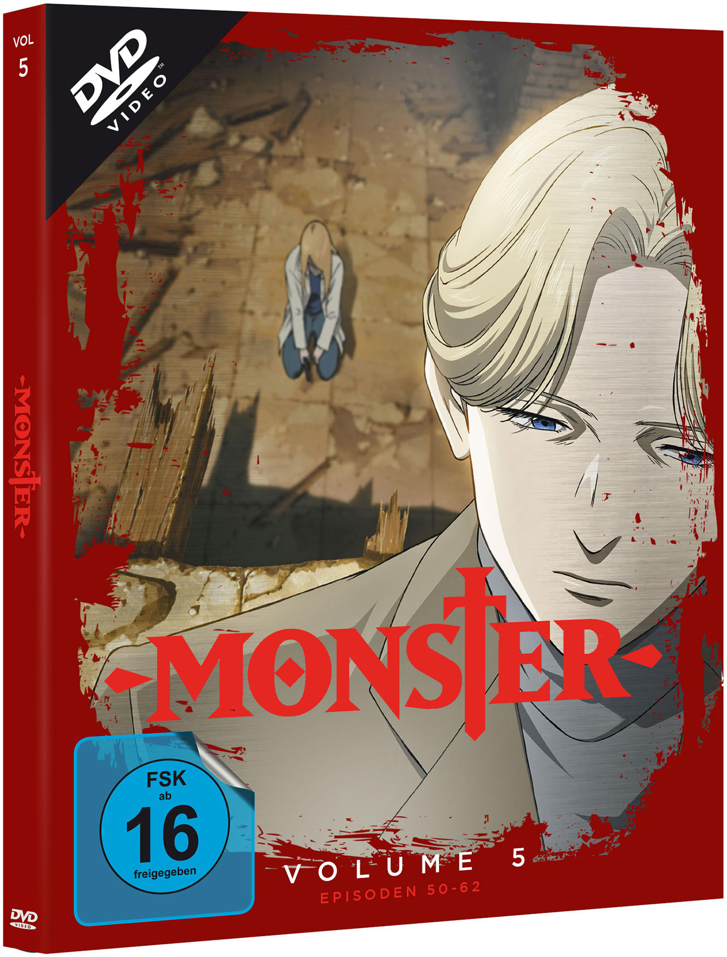 DVD-Hülle mit Anime-Kunst. Roter Hintergrund mit einer Manga-Illustration.