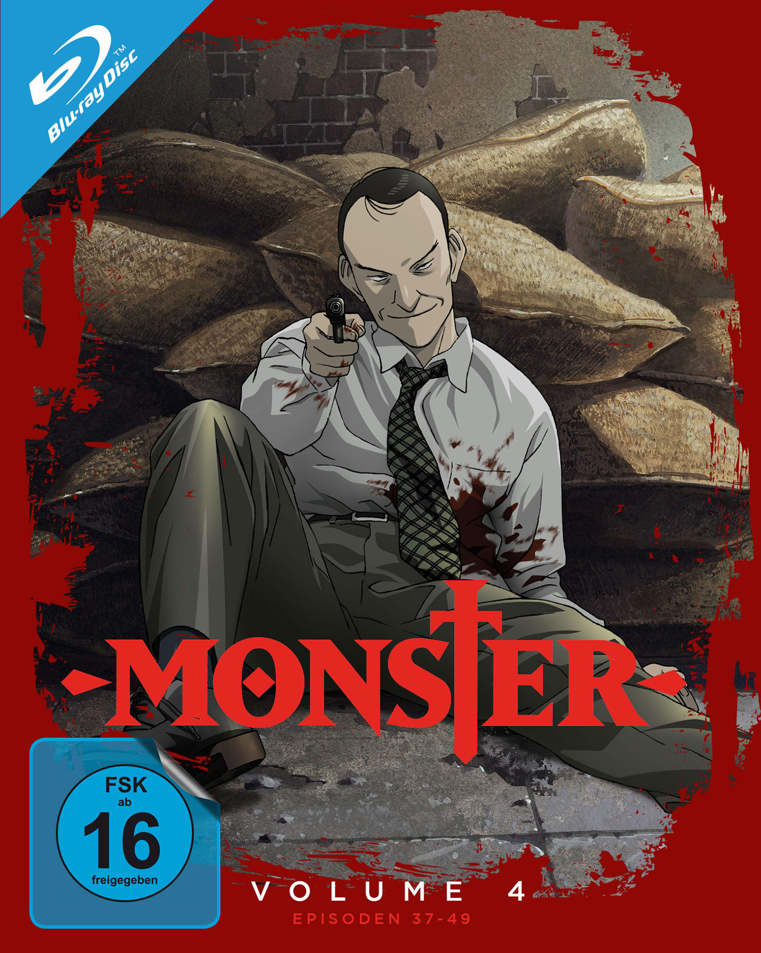 Anime-DVD-Hülle. Ein Mann richtet eine Pistole. Hintergrund zeigt Menschen und Gebäude. Titel: MONSTER.