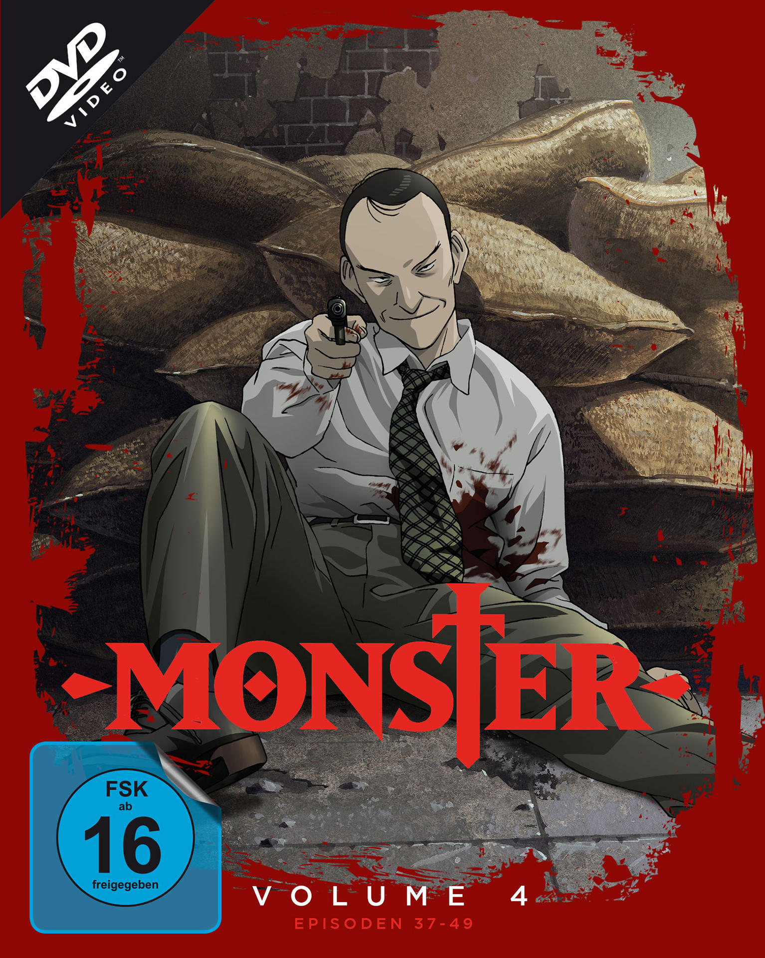 Anime-Cover: Ein Mann zielt mit einer Waffe, umgeben von Säcken. Blut befleckt das Cover. Der Titel lautet 'MONSTER'.