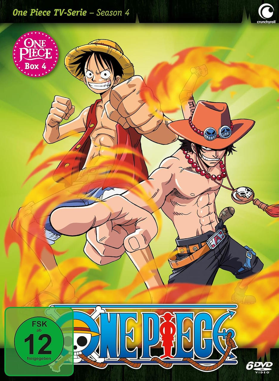 DVD-Cover für One Piece TV-Serie - Staffel 4. Zwei animierte Charaktere. Feuer-Hintergrund. Weißer HG.