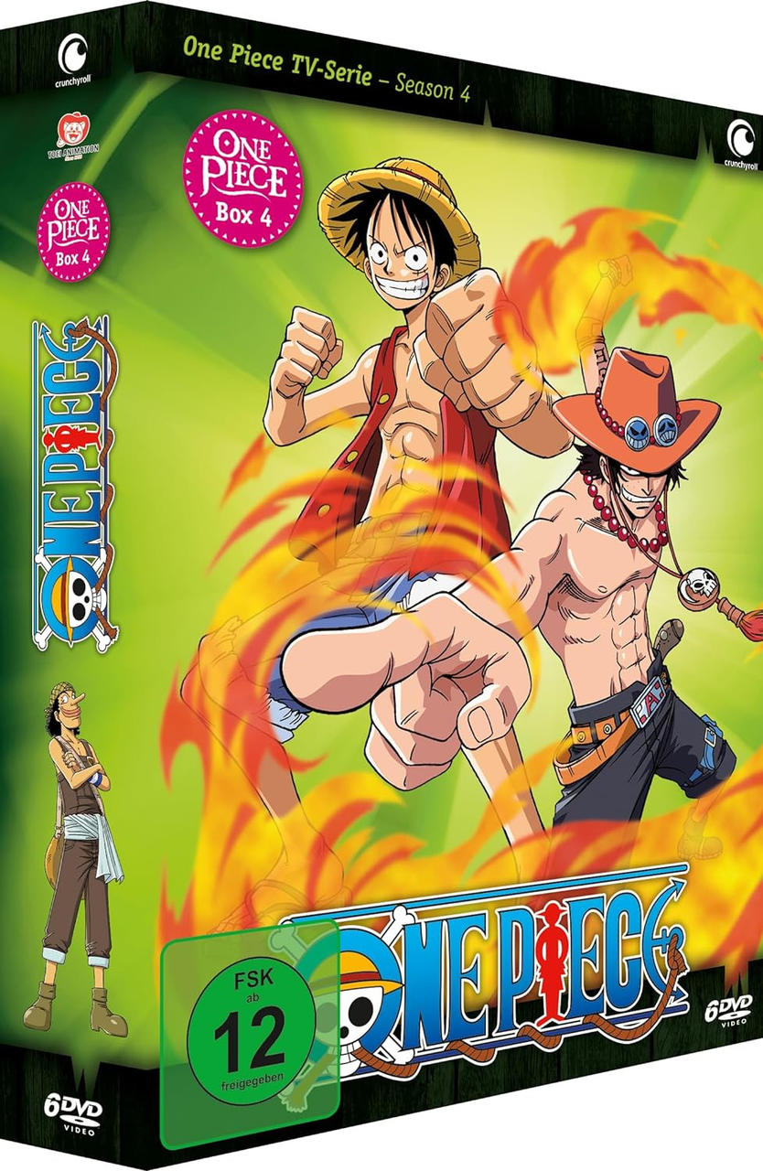 DVD-Cover mit Anime-Figuren. Luffy und Ace stehen im Mittelpunkt. Grüner Hintergrund, One Piece-Titel.
